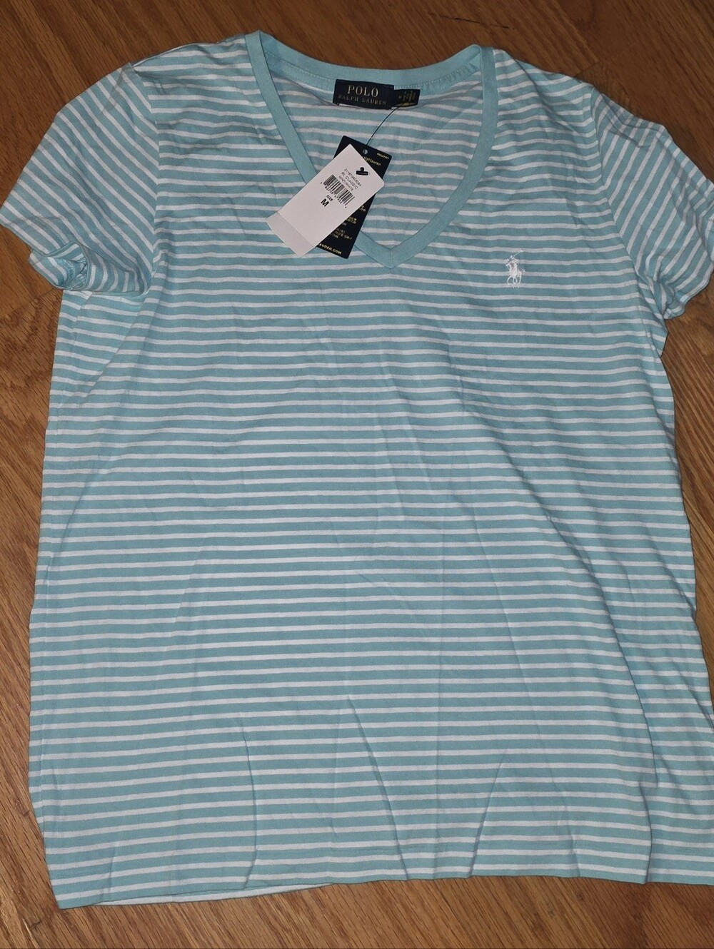 Polo Ralph Lauren women's TURQUOISE & WHITE STRIPE V- Neck short-sleeve M NWT